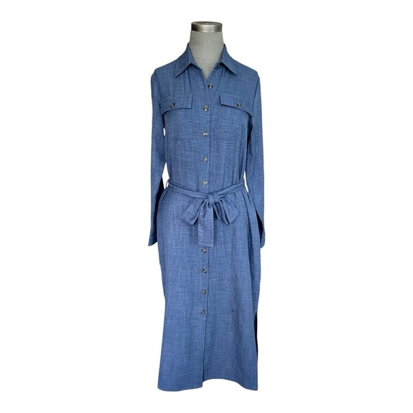 DKNY Denim Blue Long Sleeve Belted Midi Shirtdress Cotton Robe Dress Size 6 - Picture 2 of 6